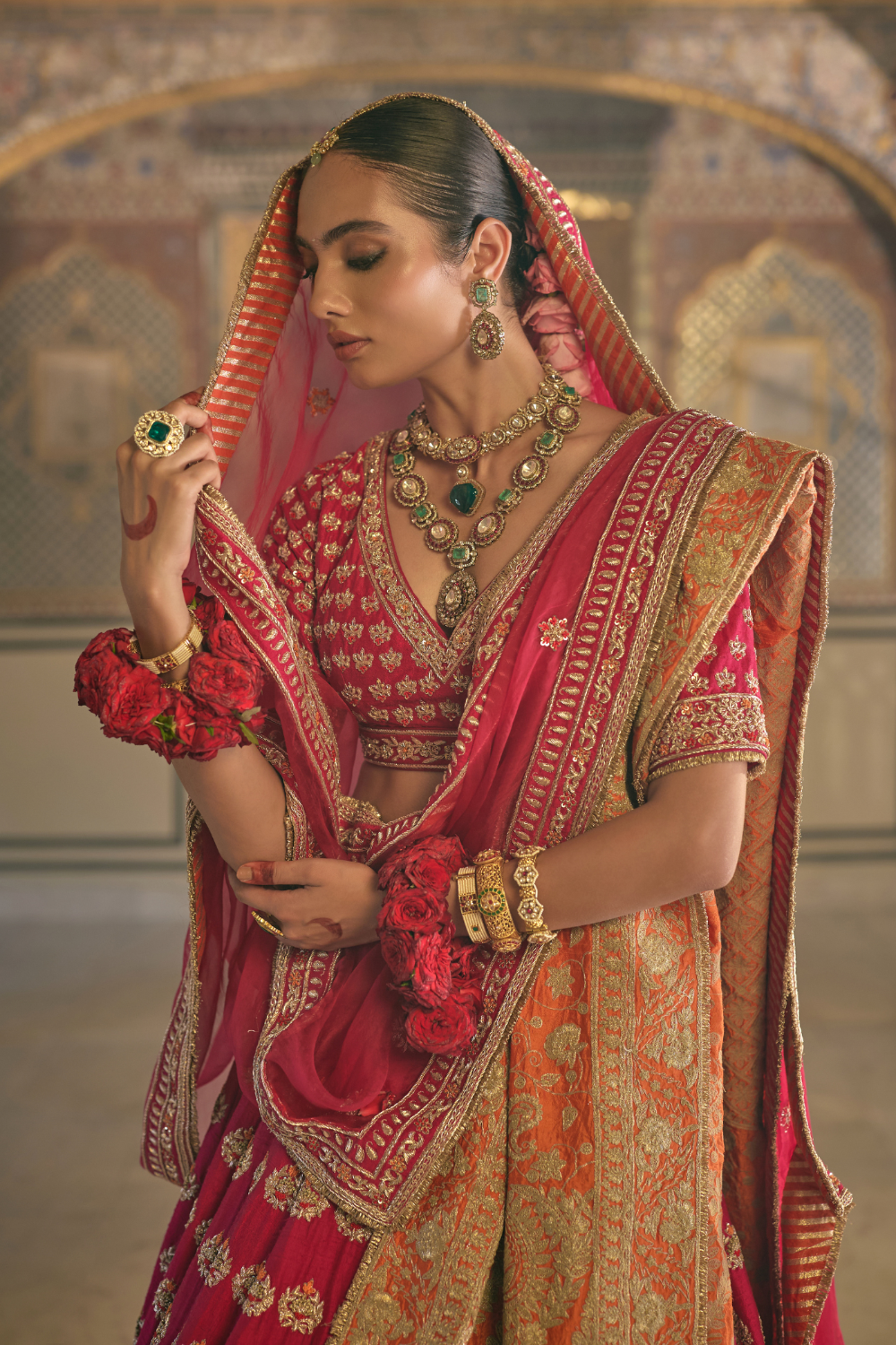 Maira - Dabka Zardozi Embroidered Raw Silk Hotpink Bridal Lehenga Set