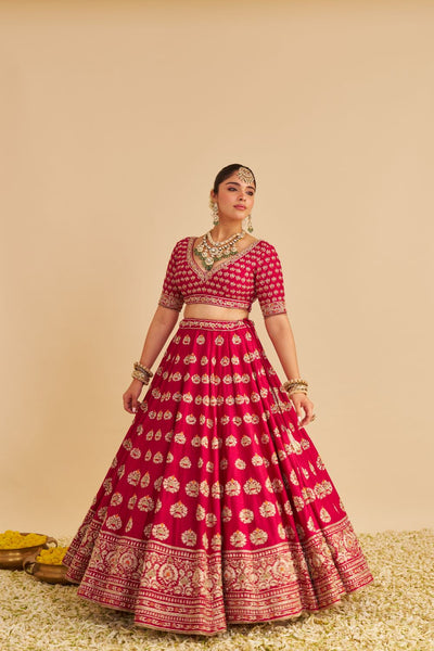 Maira - Dabka Zardozi Embroidered Raw Silk Hotpink Bridal Lehenga Set