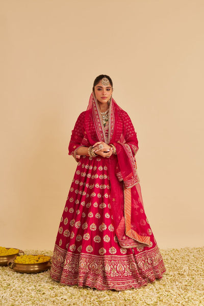Maira - Dabka Zardozi Embroidered Raw Silk Hotpink Bridal Lehenga Set