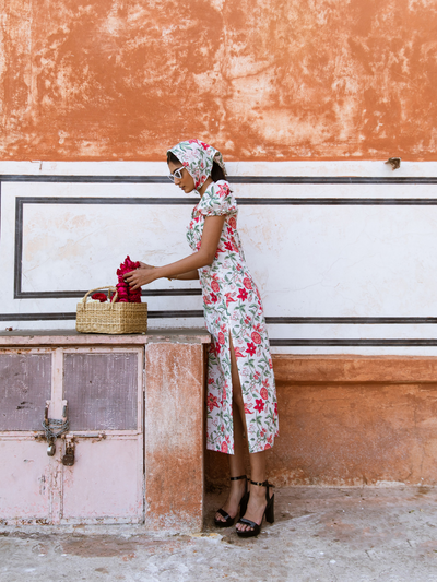 Raspberry & Rose Midi Dress  - Off Shoulder Printed Cotton Midi Dress