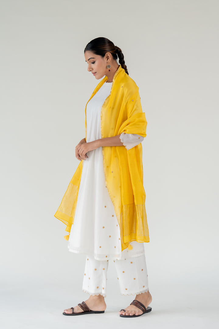 Fiza Kurta Set with Ayra Odhani-Ivory & Yellow