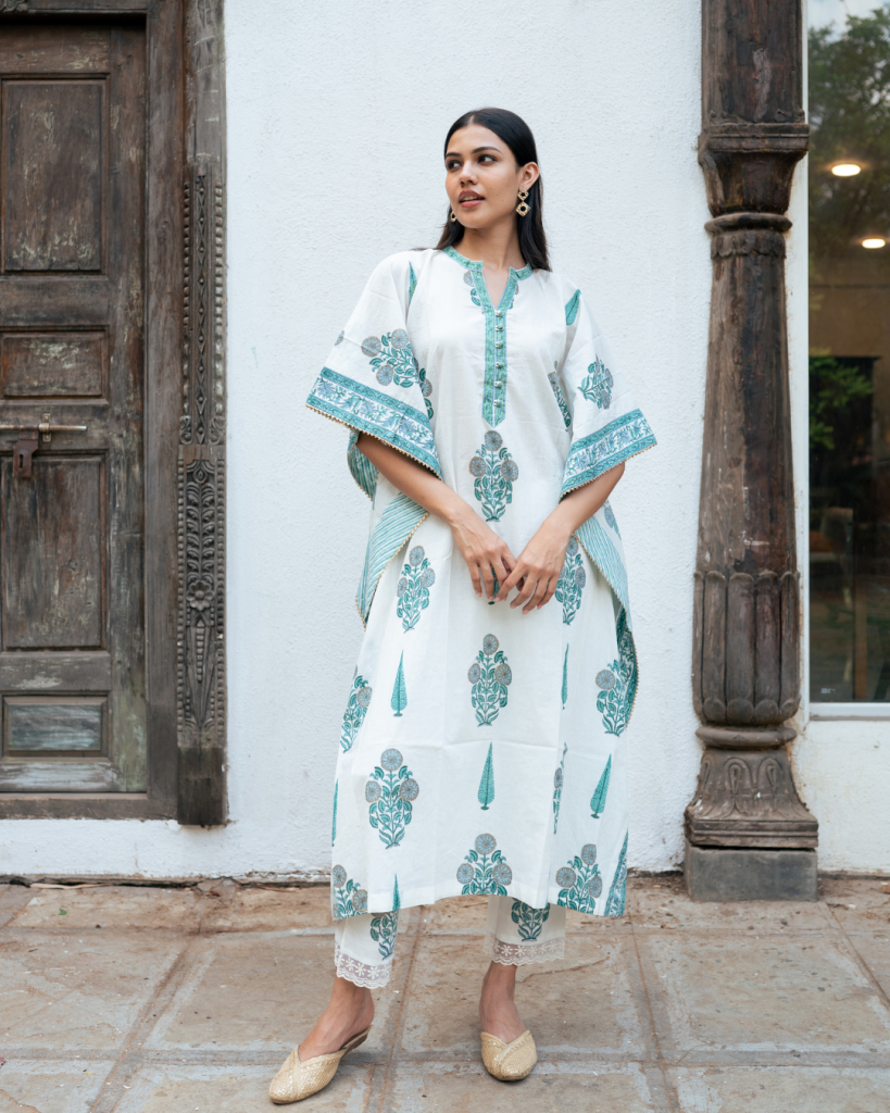 Mughal Blue Boota Kaftan Set