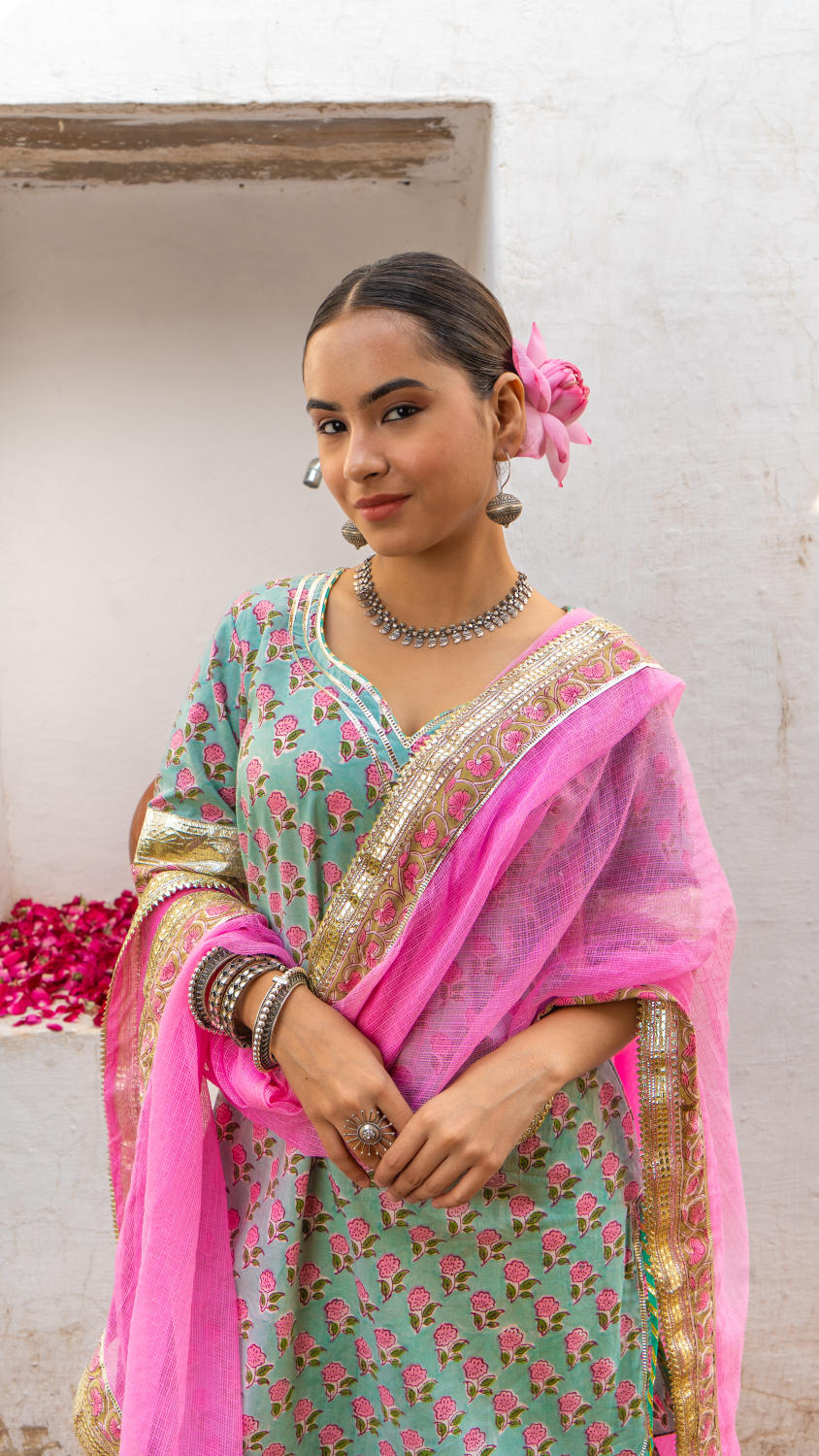 Saundh Pink and blue hand block printed gota sharara set