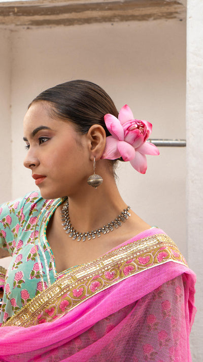 Saundh Pink and blue hand block printed gota sharara set