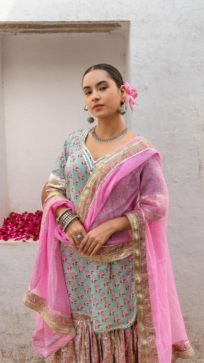 Saundh Pink and blue hand block printed gota sharara set