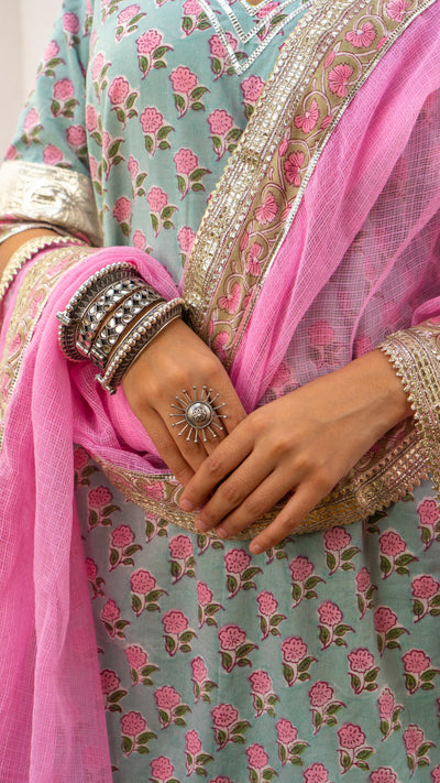 Saundh Pink and blue hand block printed gota sharara set