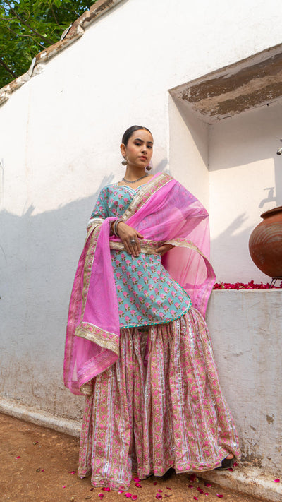 Saundh Pink and blue hand block printed gota sharara set