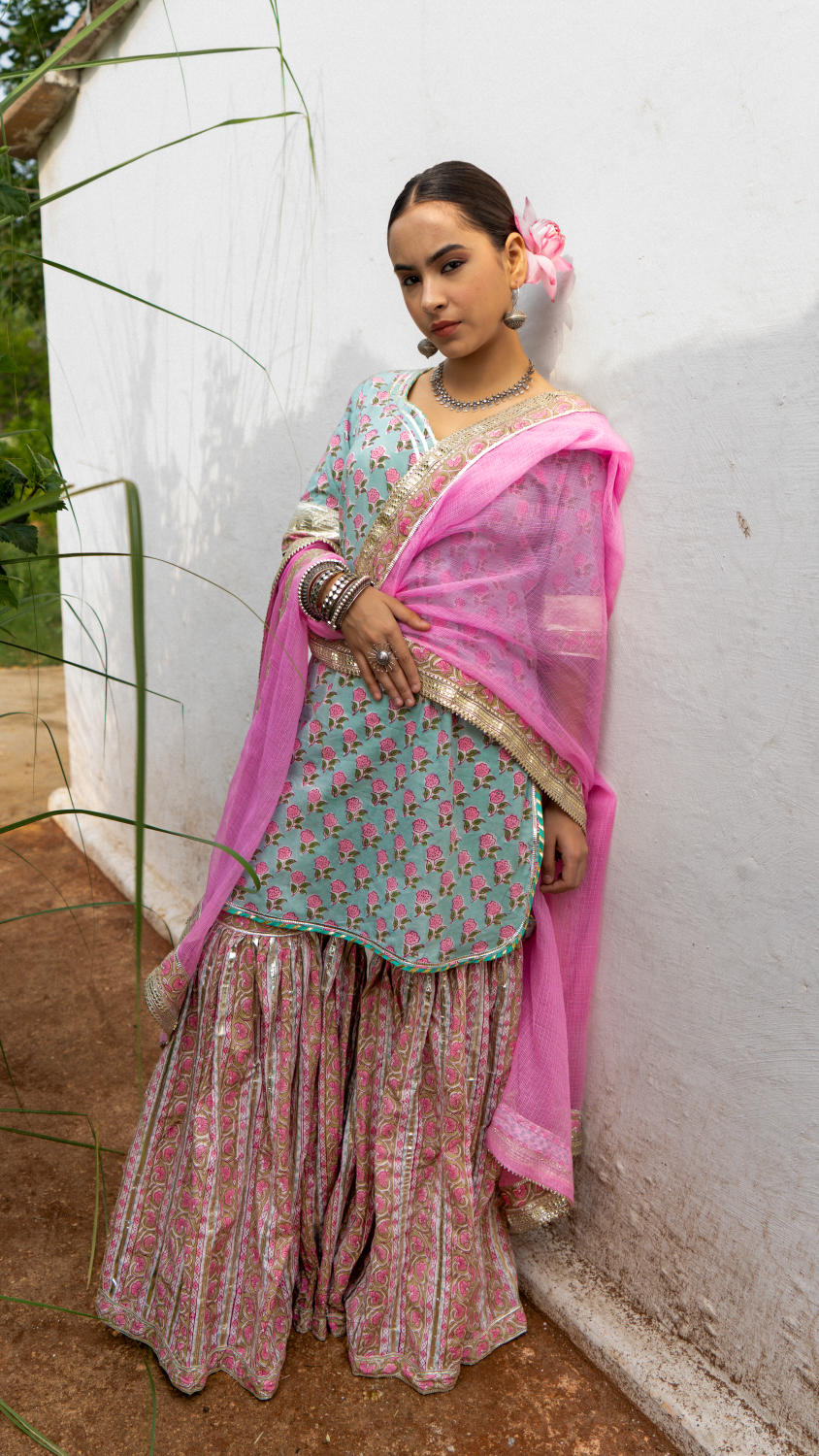 Saundh Pink and blue hand block printed gota sharara set