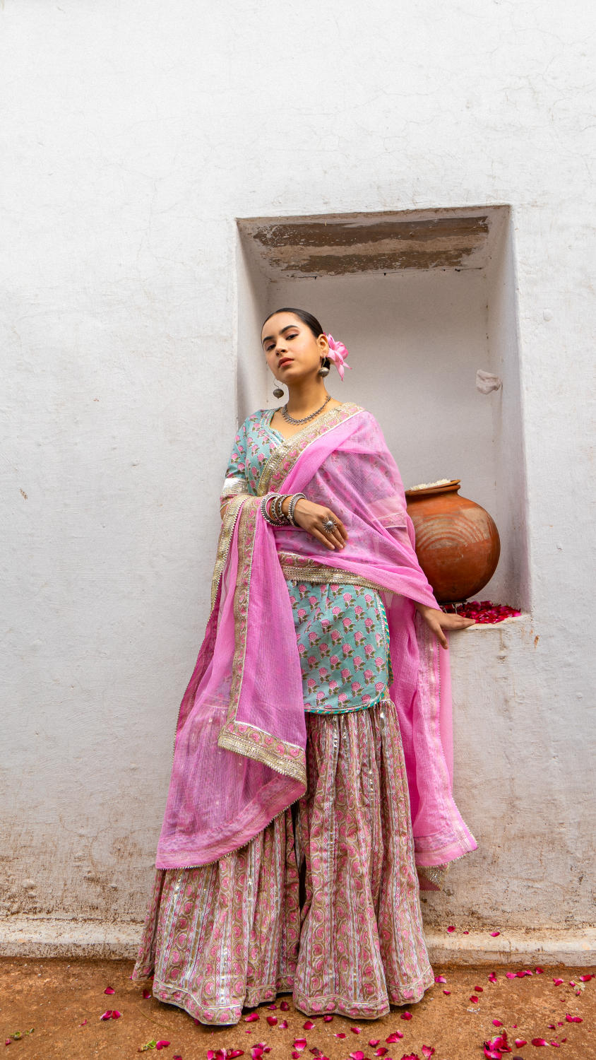 Saundh Pink and blue hand block printed gota sharara set