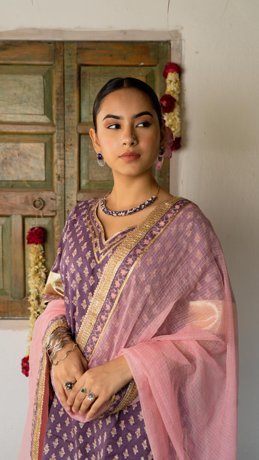 Saundh purple and peach hand block printed gota sharara set