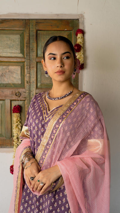 Saundh purple and peach hand block printed gota sharara set