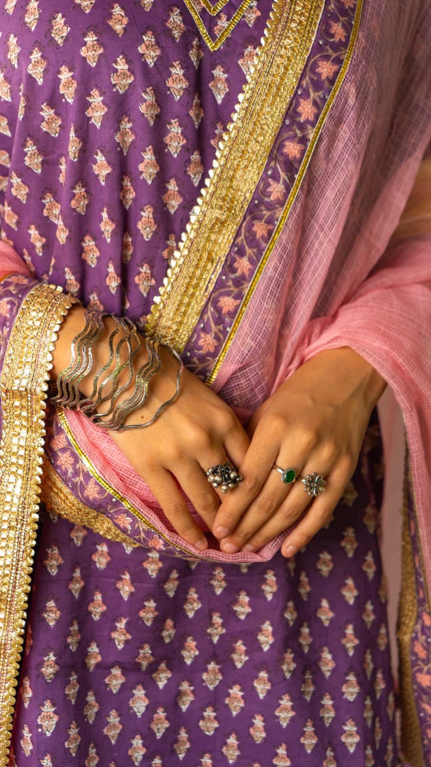 Saundh purple and peach hand block printed gota sharara set