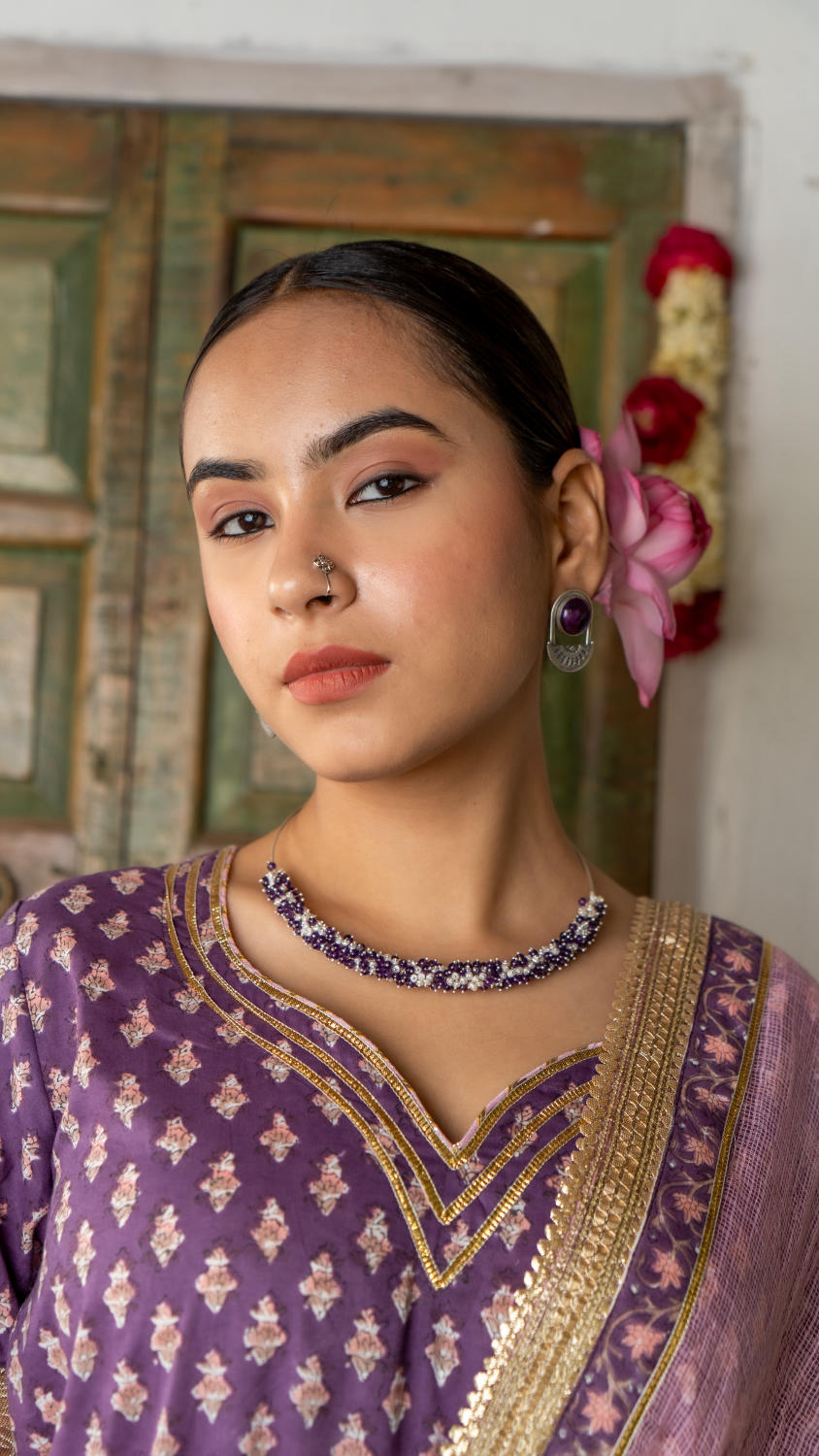 Saundh purple and peach hand block printed gota sharara set