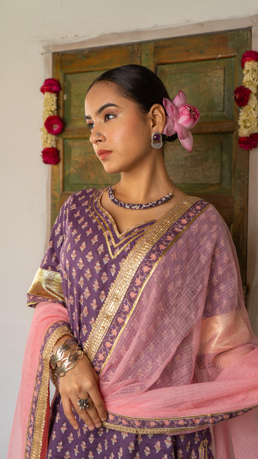 Saundh purple and peach hand block printed gota sharara set