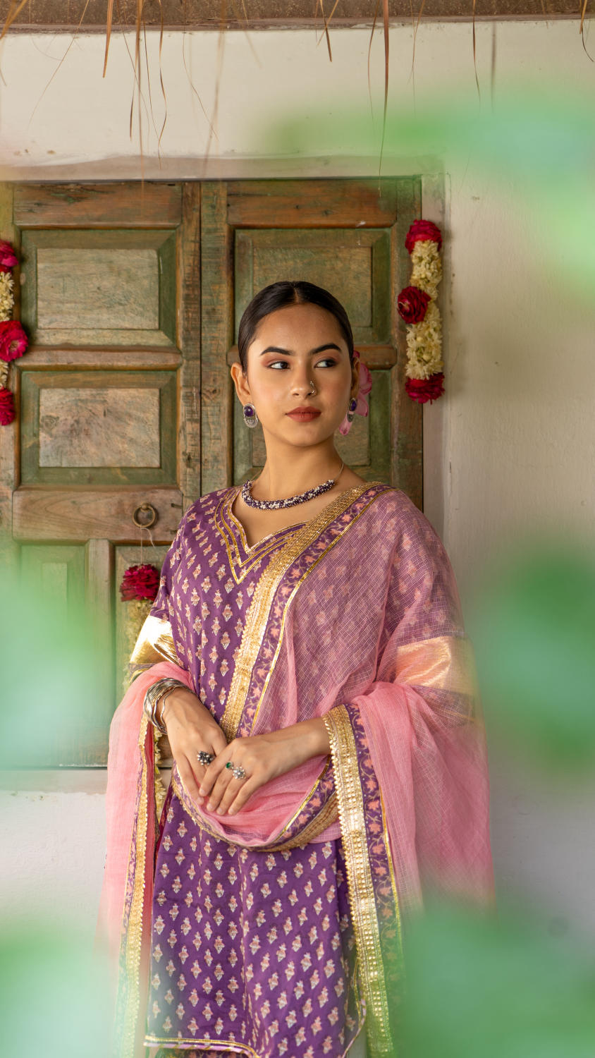 Saundh purple and peach hand block printed gota sharara set