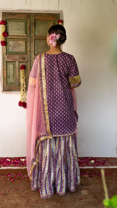 Saundh purple and peach hand block printed gota sharara set