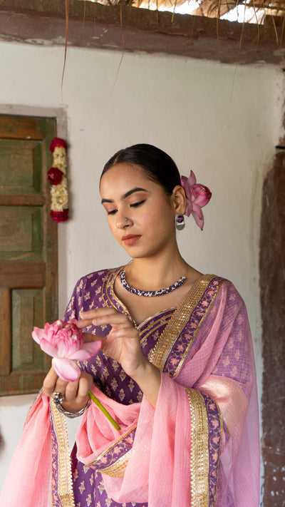 Saundh purple and peach hand block printed gota sharara set