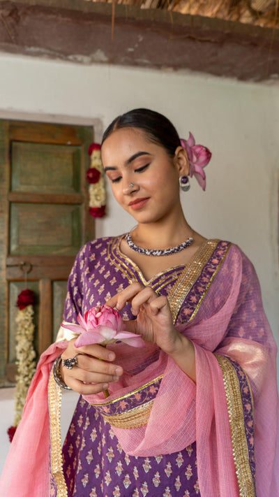 Saundh purple and peach hand block printed gota sharara set