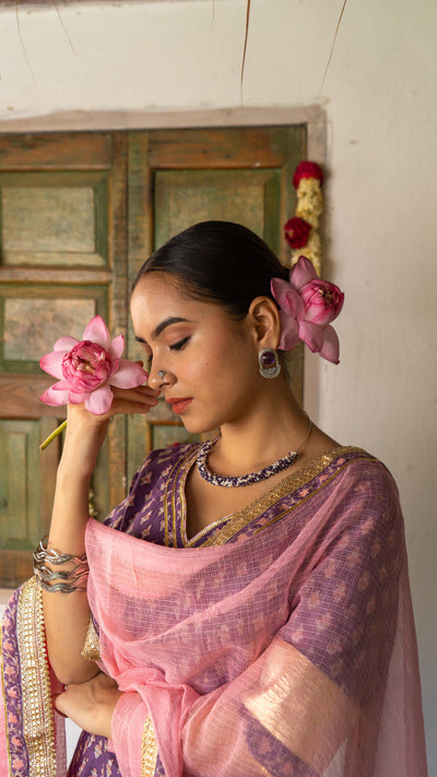 Saundh purple and peach hand block printed gota sharara set