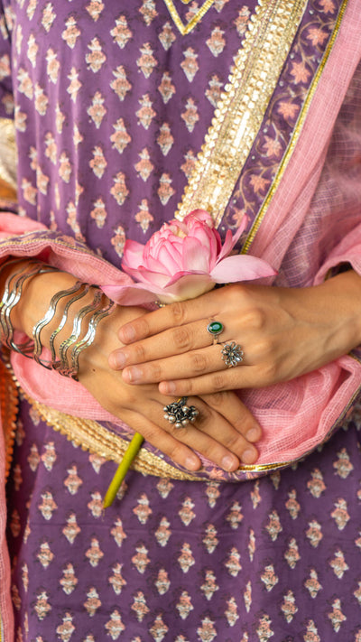 Saundh purple and peach hand block printed gota sharara set