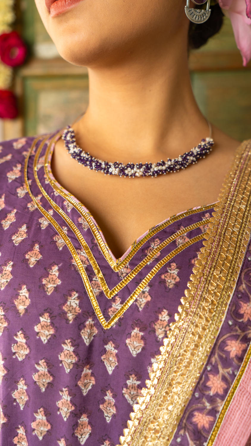 Saundh purple and peach hand block printed gota sharara set