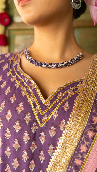 Saundh purple and peach hand block printed gota sharara set