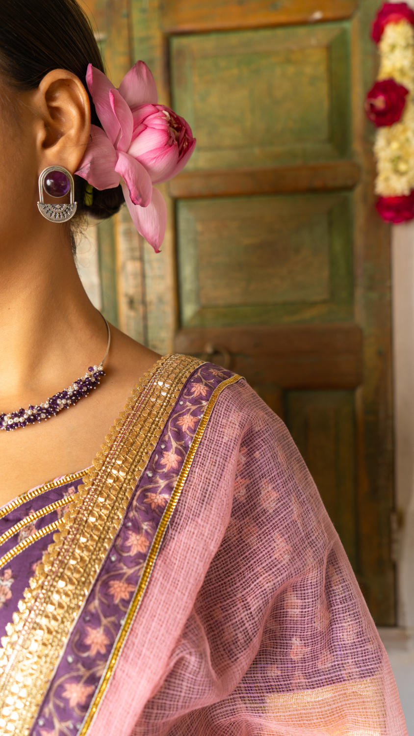 Saundh purple and peach hand block printed gota sharara set