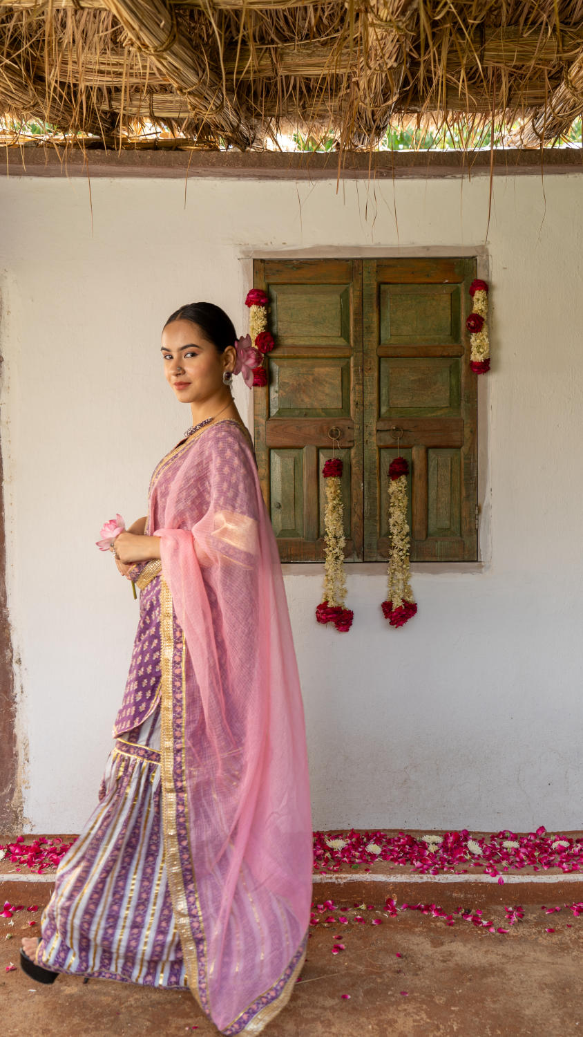 Saundh purple and peach hand block printed gota sharara set
