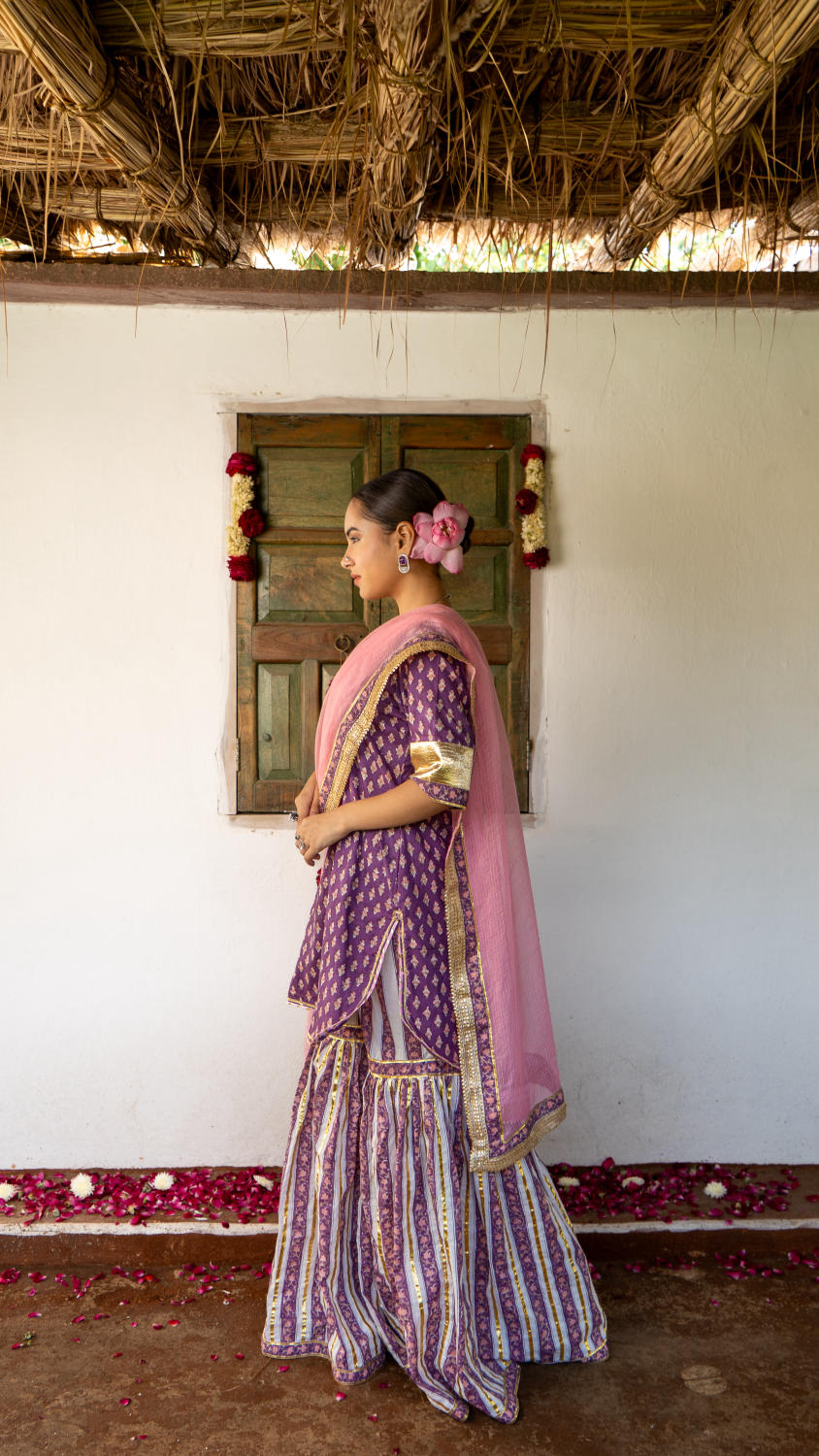 Saundh purple and peach hand block printed gota sharara set