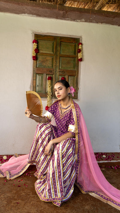Saundh purple and peach hand block printed gota sharara set