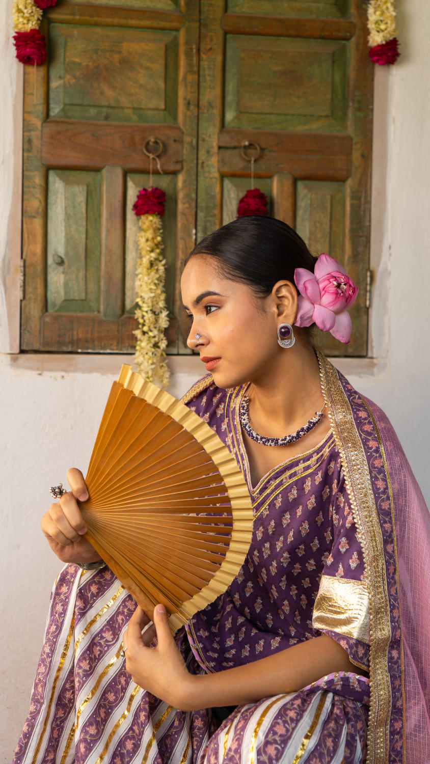 Saundh purple and peach hand block printed gota sharara set