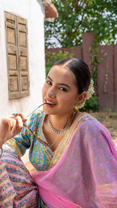 Saundh Sea green and pink hand block printed gota sharara set