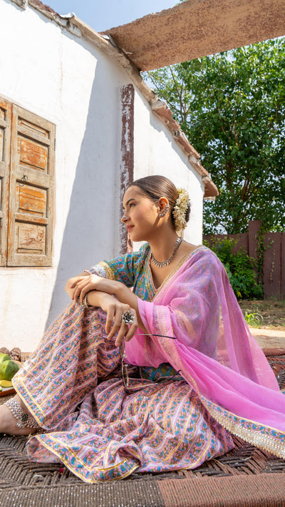 Saundh Sea green and pink hand block printed gota sharara set