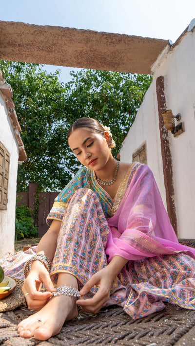 Saundh Sea green and pink hand block printed gota sharara set