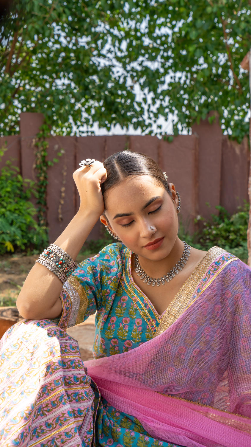 Saundh Sea green and pink hand block printed gota sharara set