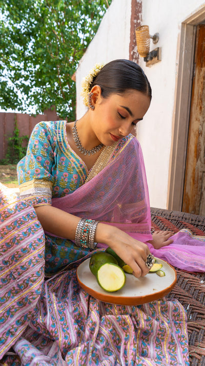 Saundh Sea green and pink hand block printed gota sharara set