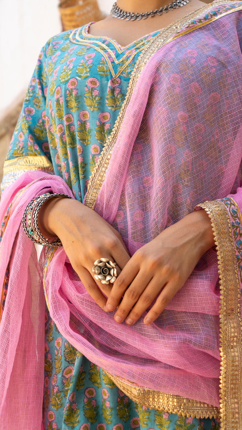 Saundh Sea green and pink hand block printed gota sharara set
