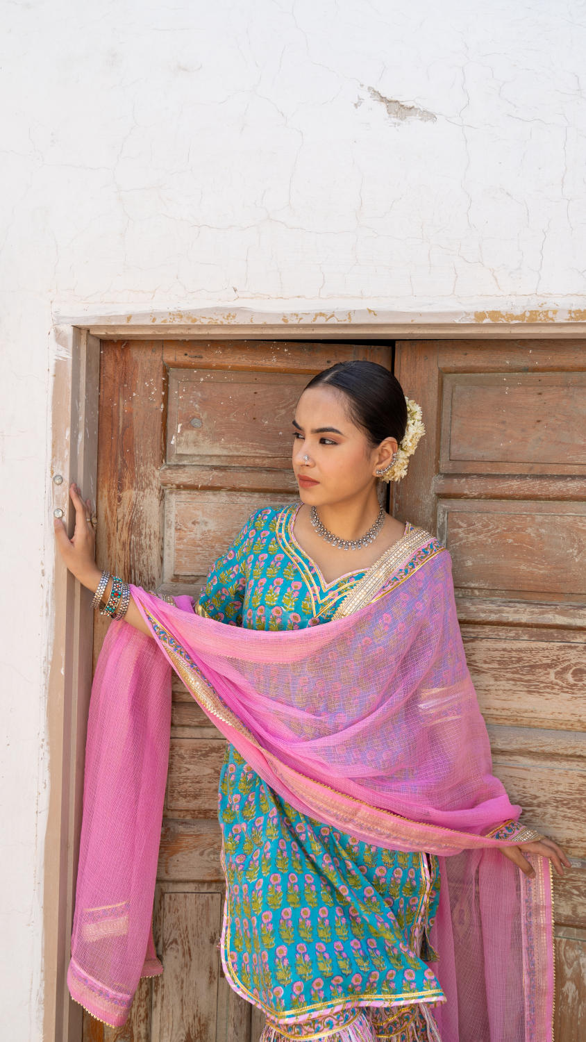 Saundh Sea green and pink hand block printed gota sharara set