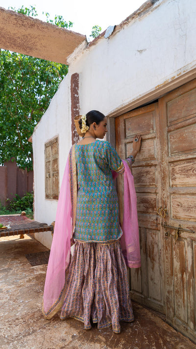 Saundh Sea green and pink hand block printed gota sharara set
