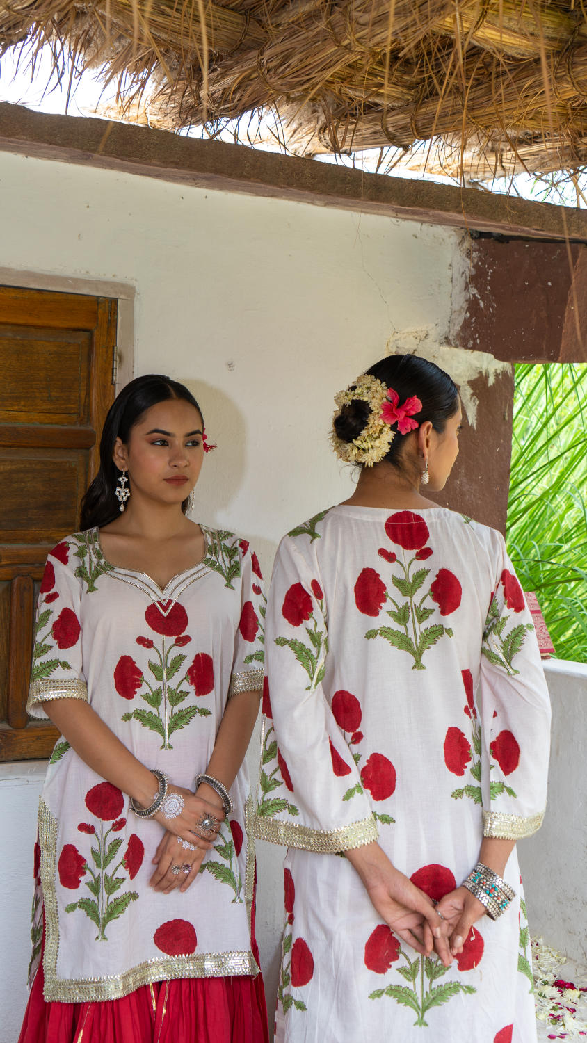 Saundh Red and White hand block printed mughal boota sharara set