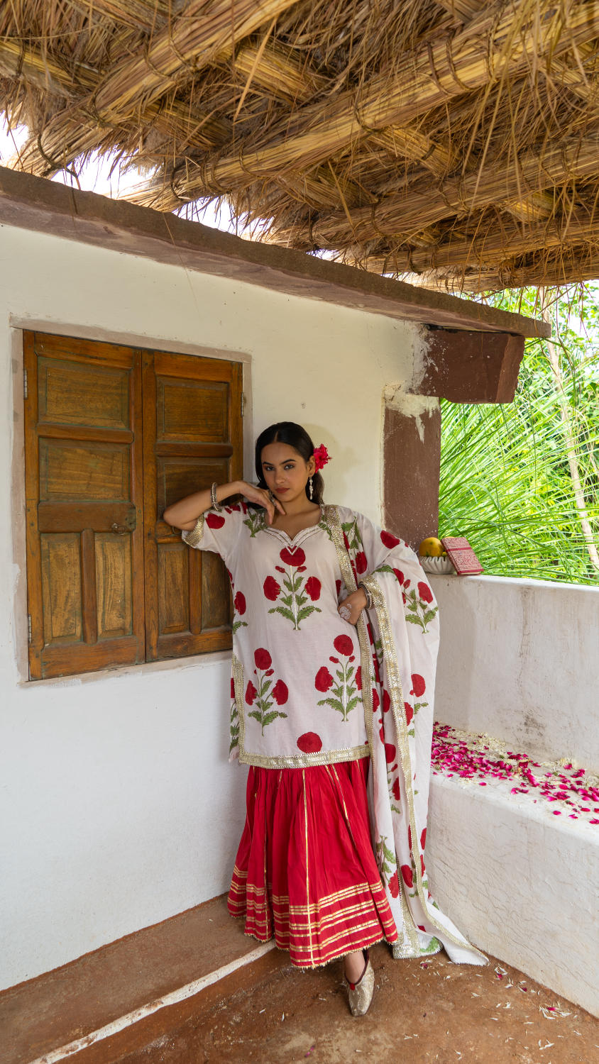 Saundh Red and White hand block printed mughal boota sharara set