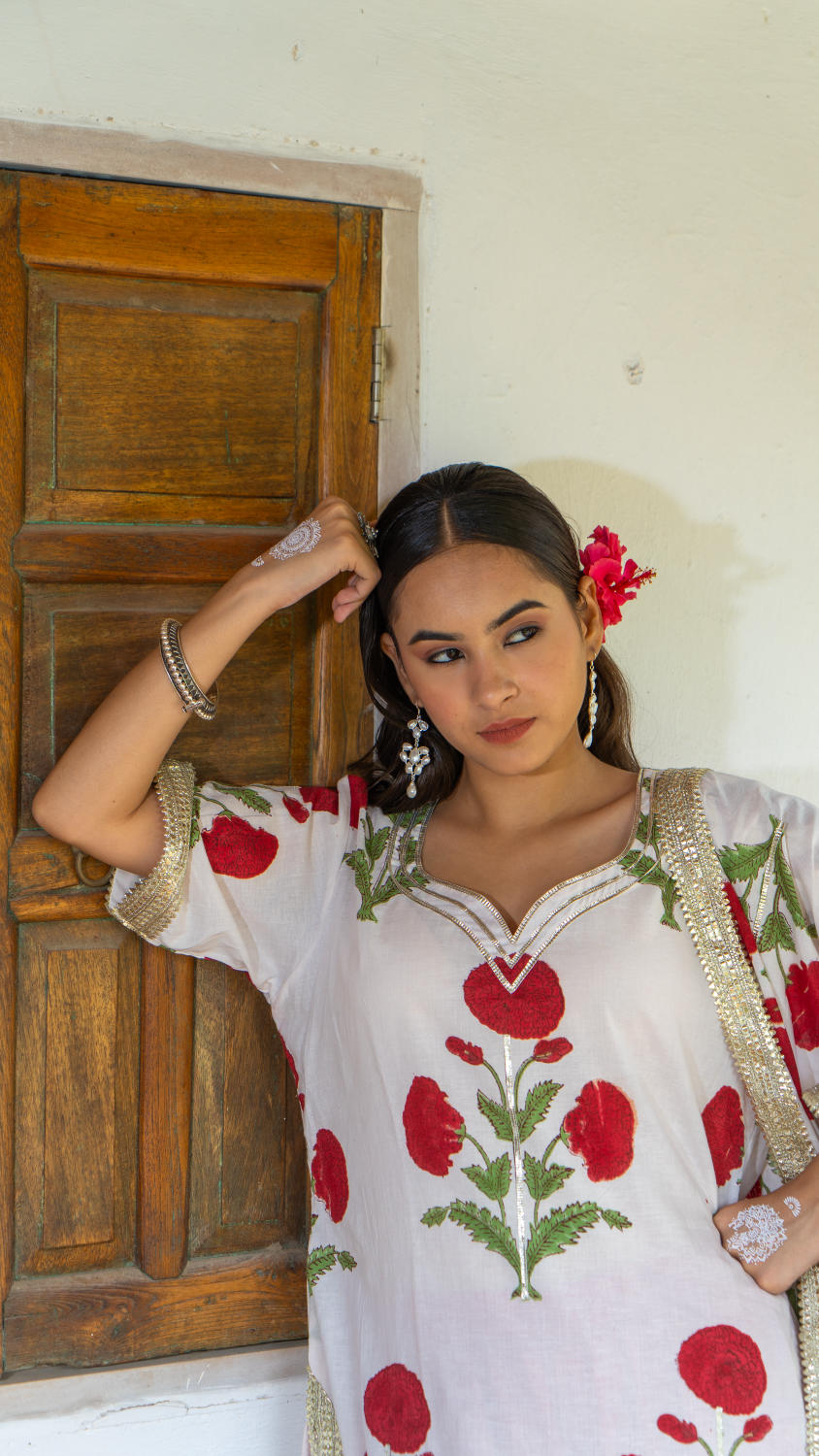 Saundh Red and White hand block printed mughal boota sharara set