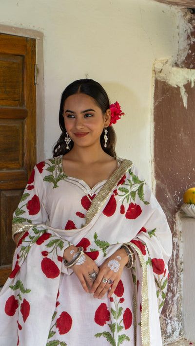 Saundh Red and White hand block printed mughal boota sharara set