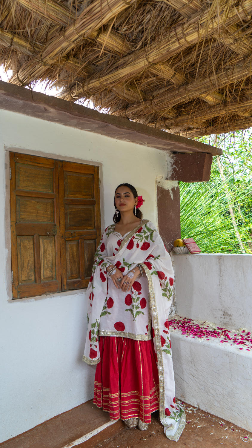 Saundh Red and White hand block printed mughal boota sharara set
