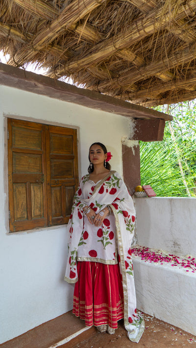 Saundh Red and White hand block printed mughal boota sharara set