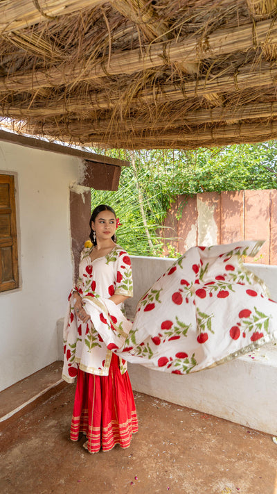 Saundh Red and White hand block printed mughal boota sharara set
