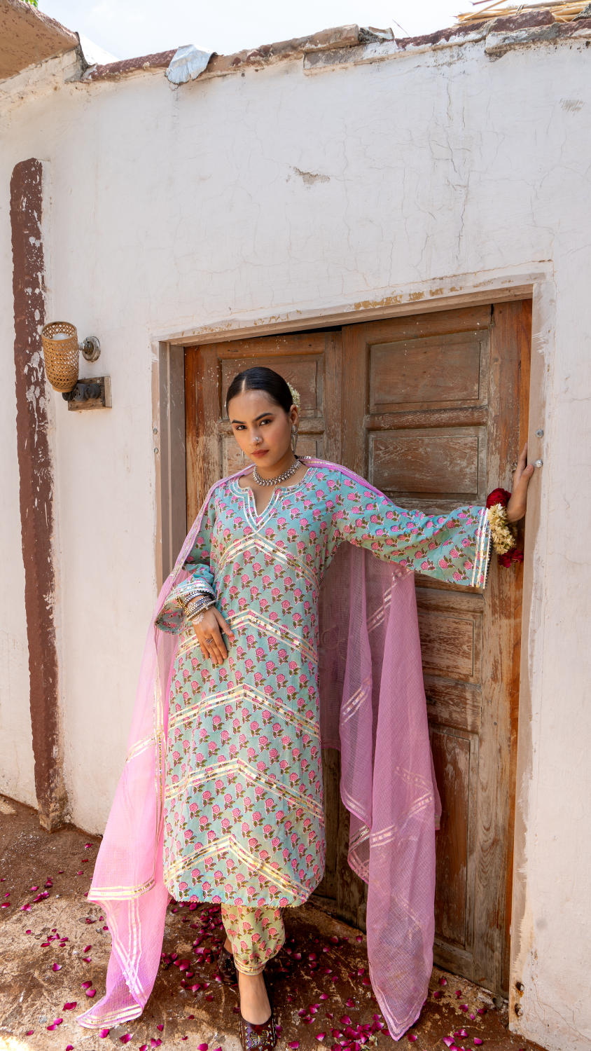 Saundh Pink and Blue hand block printed cotton Salwar set