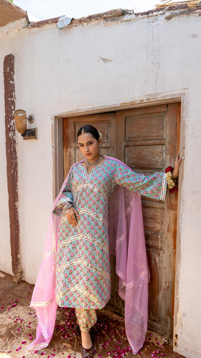 Saundh Pink and Blue hand block printed cotton Salwar set