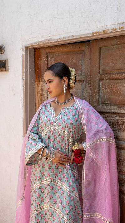 Saundh Pink and Blue hand block printed cotton Salwar set
