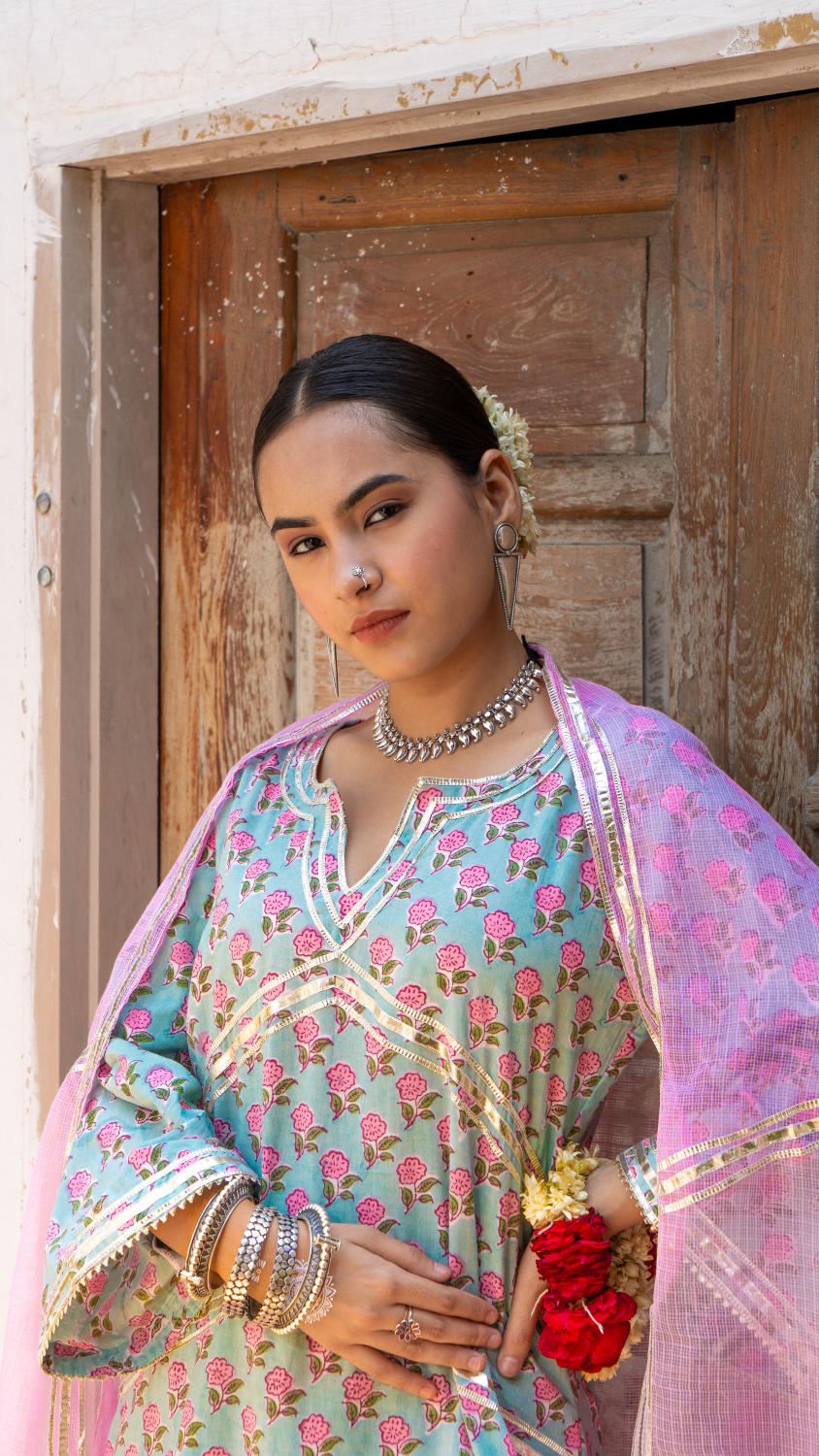 Saundh Pink and Blue hand block printed cotton Salwar set